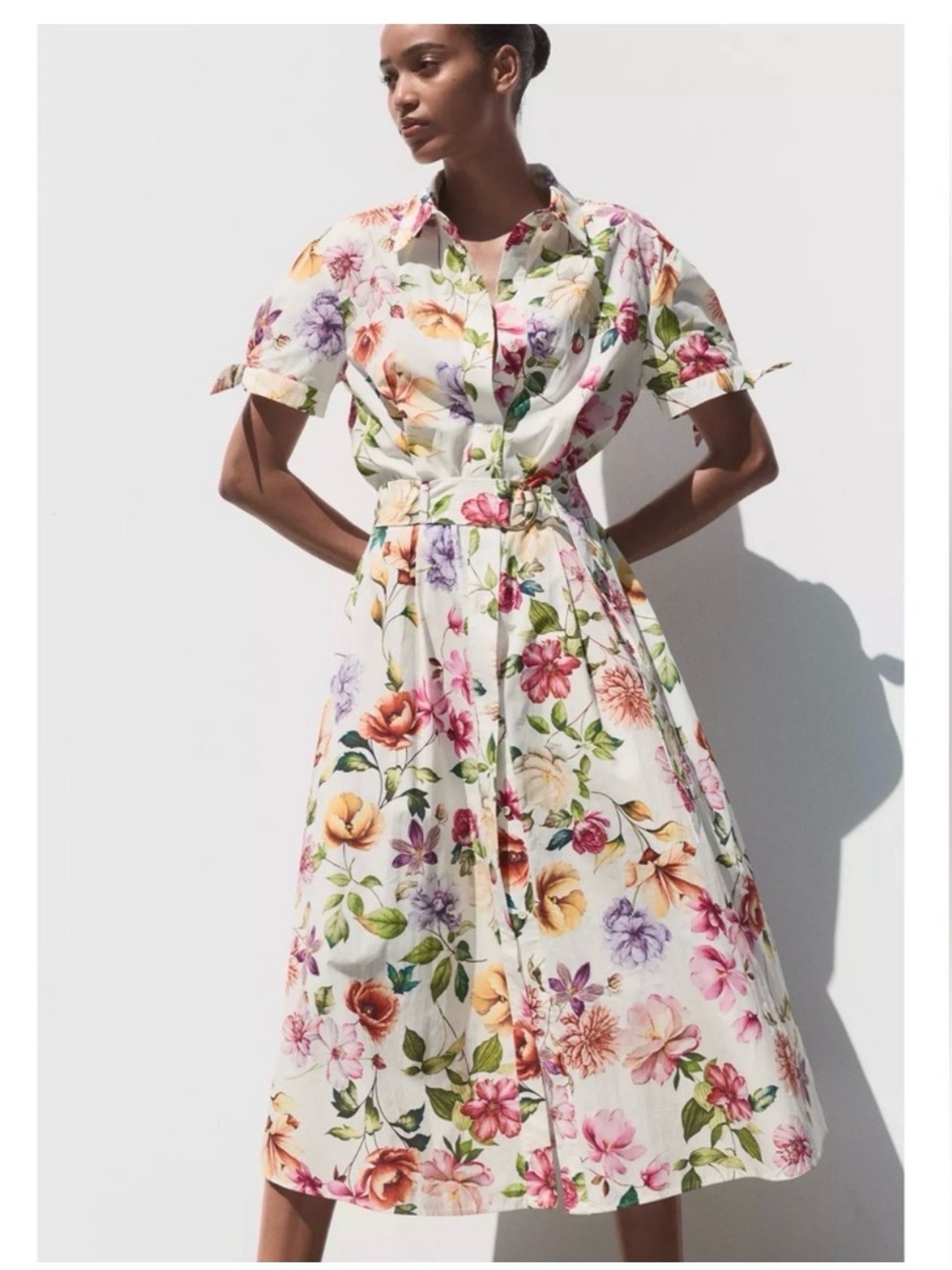 ZARA BELTED FLORAL PRINTED POPLIN MIDI SHIRT DRESS NEW W/TAGS - Picture 5 of 11